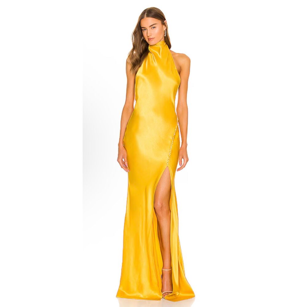 NWT Sau Lee Penelope Backless Satin Gown Gold Size 12 $550
